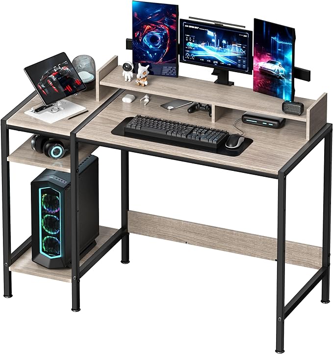 Computer Desk - 39 Inch Home Office Desk with Storage, Gaming Desk with Monitor Stand, Modern Simple Study Table, Adjustable Storage Space, Gray - LeafyLoom