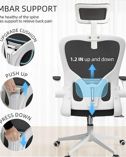 Ergonomic Office Chair, High Back Mesh Computer Desk Chair with Flip-up Arms, Adjustable Lumbar Support & Headrest, Swivel Rolling Task Chair for Home Office, Bedroom, Study, College Dorm（White&Black - LeafyLoom