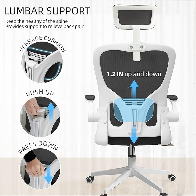 Ergonomic Office Chair, High Back Mesh Computer Desk Chair with Flip-up Arms, Adjustable Lumbar Support & Headrest, Swivel Rolling Task Chair for Home Office, Bedroom, Study, College Dorm（White&Black - LeafyLoom