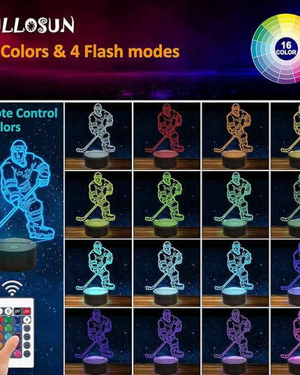 FULLOSUN 3D Night Lights Ice Hockey Athlete 3D Illusion Bedside Lamp 16 Colors Changing with Remote Control Best Birthday Gifts for Men Women - LeafyLoom