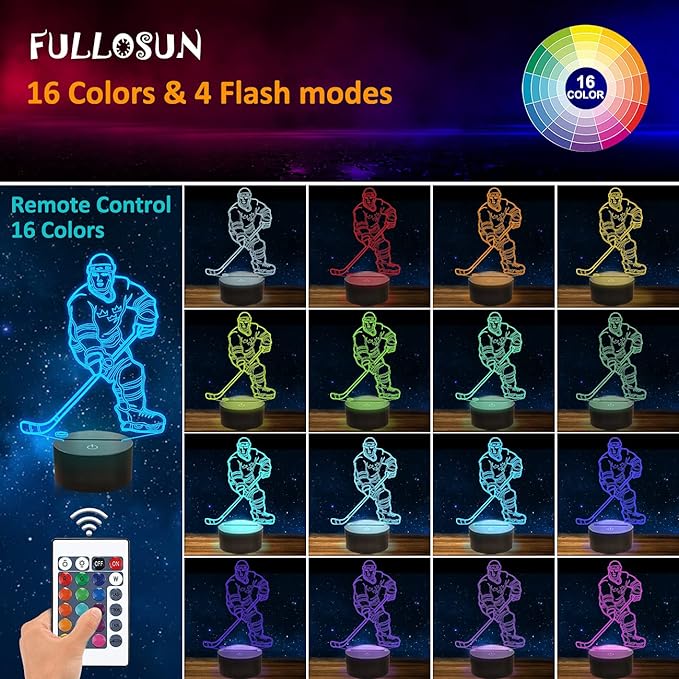 FULLOSUN 3D Night Lights Ice Hockey Athlete 3D Illusion Bedside Lamp 16 Colors Changing with Remote Control Best Birthday Gifts for Men Women - LeafyLoom