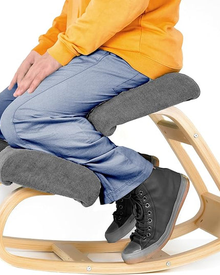 Ergonomic Kneeling Office Chair - Rocking Home & Work Wooden Computer Desk Chairs, Back & Neck Spine Pain, Better Posture, Ergo Knee Support Stool, Cross Legged Sitting (Gray) - LeafyLoom