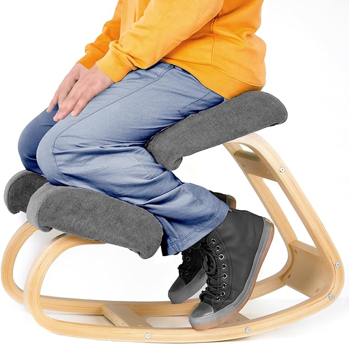 Ergonomic Kneeling Office Chair - Rocking Home & Work Wooden Computer Desk Chairs, Back & Neck Spine Pain, Better Posture, Ergo Knee Support Stool, Cross Legged Sitting (Gray) - LeafyLoom