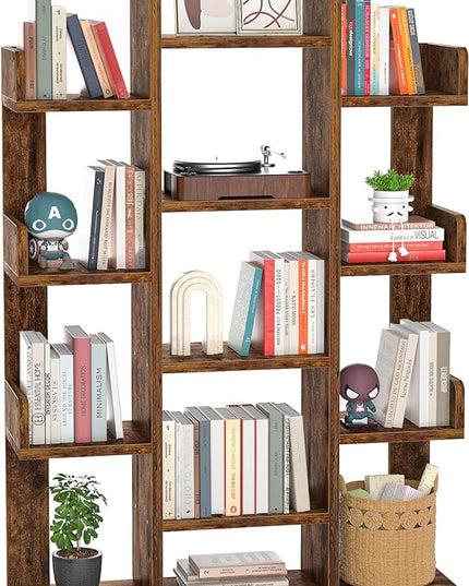 Aheaplus Bookshelf, Tree-Shaped Bookcase Storage Shelf with 13 compartments, Books Organizer Display Cube Shelves, Industrial Free Floor Standing Wood Open Bookshelves for Home - LeafyLoom
