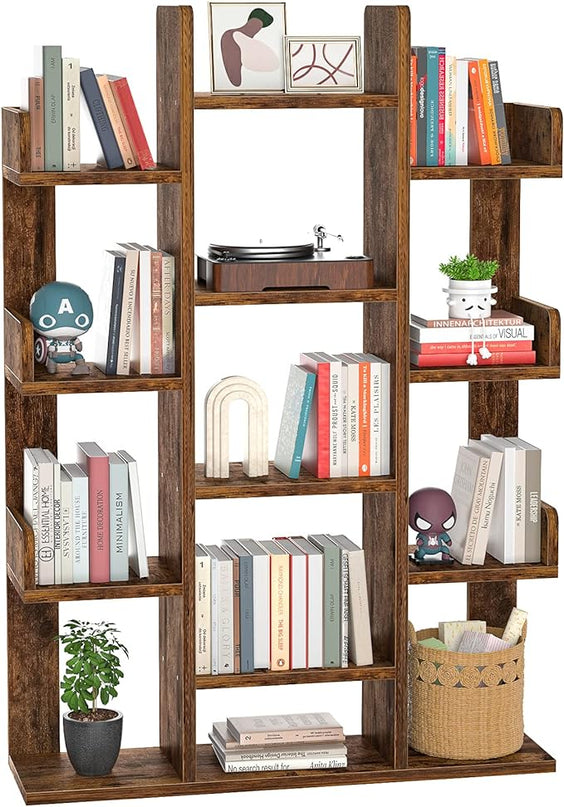 Aheaplus Bookshelf, Tree-Shaped Bookcase Storage Shelf with 13 compartments, Books Organizer Display Cube Shelves, Industrial Free Floor Standing Wood Open Bookshelves for Home - LeafyLoom