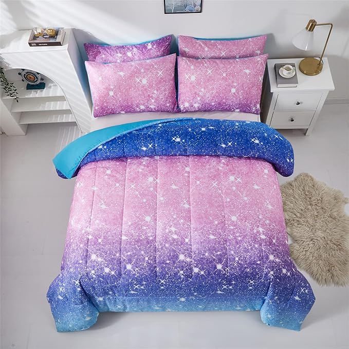 Purple Glitter Comforter Set Twin Size for Girls, Sparkle Galaxy Twinkle Starlight Comforter for Twin(2-Piece) - LeafyLoom