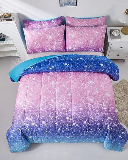 Purple Glitter Comforter Set Full/Queen Size for Girls, Sparkle Galaxy Twinkle for Kids Teen,3 Piece Blue Purple Pink Ombre Pastel Bedding Set 2 Pillow Cases(Purple,Queen),(3-Piece) - LeafyLoom