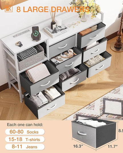 ODK Dresser with Charging Station, 52-Inch Long Dresser TV Stand for Bedroom, Large Dresser with 8 Storage Drawers, Chest of Drawers Easy-Pull Fabric Dressers for Living Room, White and Light Grey - LeafyLoom