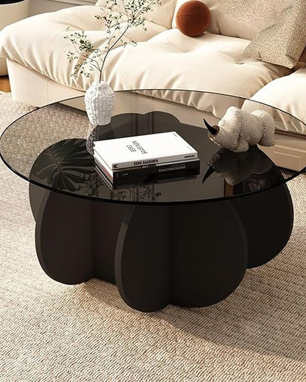 Black Coffee Table, 31.5" Round Glass Coffee Table for Living Room Mid Century Modern Coffee Table Unique Center Table with Wood Base Circle Coffee Ta - LeafyLoom