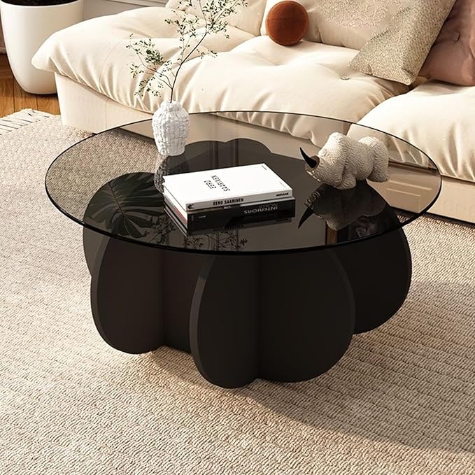 Black Coffee Table, 31.5" Round Glass Coffee Table for Living Room Mid Century Modern Coffee Table Unique Center Table with Wood Base Circle Coffee Ta - LeafyLoom