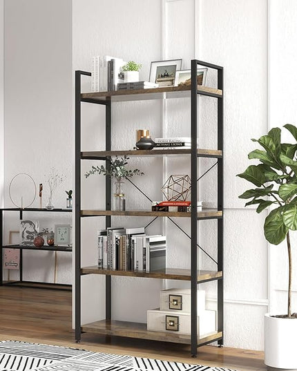 Panana 5 Tier Industrial Rustic Wooden Bookshelves, Vintage Open Wood and Metal Farmhouse Bookshelf Heavy Duty Storage Shelving Unit Rack (Brown) - LeafyLoom