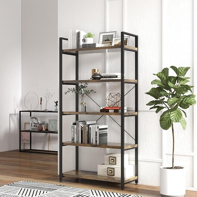 Panana 5 Tier Industrial Rustic Wooden Bookshelves, Vintage Open Wood and Metal Farmhouse Bookshelf Heavy Duty Storage Shelving Unit Rack (Brown) - LeafyLoom