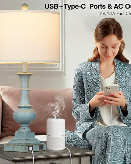 Farmhouse Table Lamps Set of 2, Rustic Touch Control Bedside Lamps with 2 USB Ports & AC Outlet, Vintage Resin 3-Way Dimmable Nightstand Lamp Linen Fabric Shade for Living Room Bedroom Decor Blue - LeafyLoom