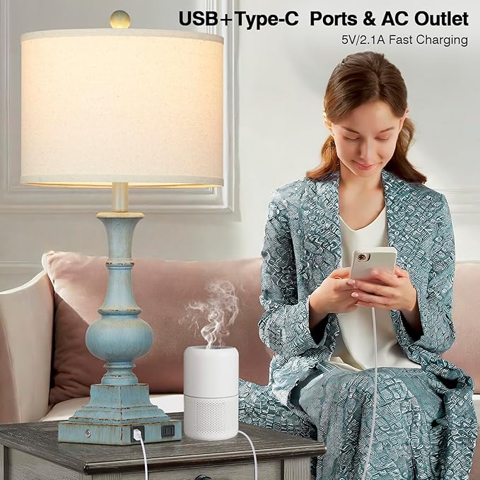 Farmhouse Table Lamps Set of 2, Rustic Touch Control Bedside Lamps with 2 USB Ports & AC Outlet, Vintage Resin 3-Way Dimmable Nightstand Lamp Linen Fabric Shade for Living Room Bedroom Decor Blue - LeafyLoom