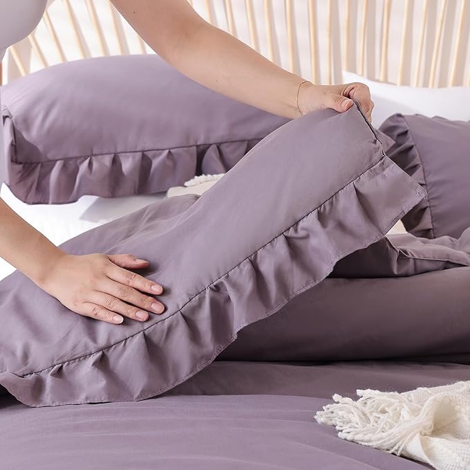 JANZAA California King Comforter Set Grayish Purple Ruffle Comforter 3PCS Soft Fluffy Boho Comforter Vintage Farmhouse Bed Comforter Set Shabby Chic Bedding with 2 Pillowcases for All Season - LeafyLoom