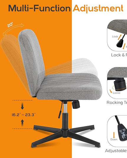 Criss Cross Chair, Cross Legged Office Chair, Wide Comfty Desk Chair, No Wheels Armless Computer Task Chair, Swivel Vanity Home Chair, Height Adjustable - LeafyLoom