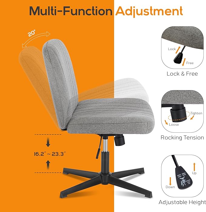 Criss Cross Chair, Cross Legged Office Chair, Wide Comfty Desk Chair, No Wheels Armless Computer Task Chair, Swivel Vanity Home Chair, Height Adjustable - LeafyLoom