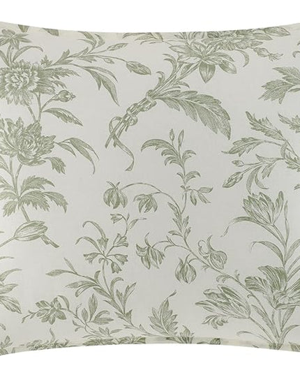 Laura Ashley - Queen Comforter Set, Reversible Cotton Bedding, Includes Matching Shams with Bonus Euro Shams & Throw Pillows (Natalie Sage/Off White, Queen) - LeafyLoom