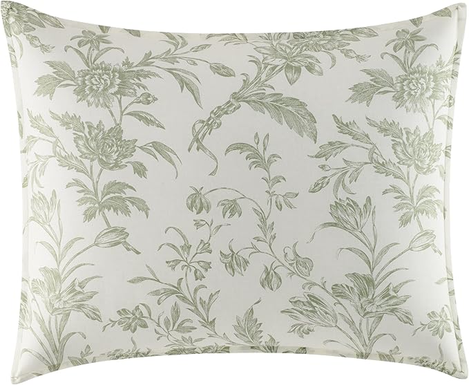 Laura Ashley - Queen Comforter Set, Reversible Cotton Bedding, Includes Matching Shams with Bonus Euro Shams & Throw Pillows (Natalie Sage/Off White, Queen) - LeafyLoom