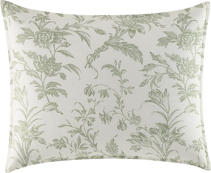Laura Ashley Home - King Size Comforter Set, Reversible Cotton Bedding, Includes Matching Shams with Bonus Euro Shams & Throw Pillows (Natalie Sage/Off White, King) - LeafyLoom