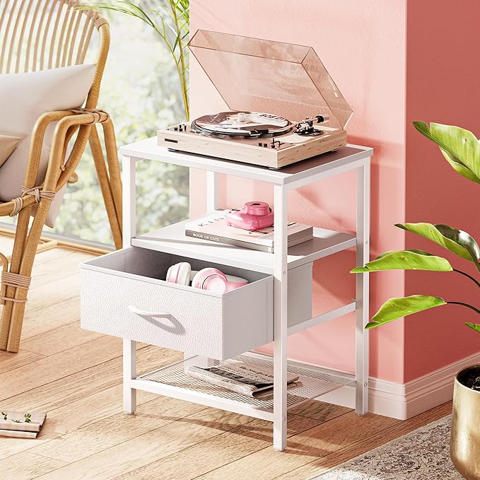 Nightstand Set of 2, Night Stand with Fabric Drawer, Mesh Shelf, Side Table with Storage, Fabric Drawer Dresser, Open Shelf, Metal Frame, Bedroom, White - LeafyLoom