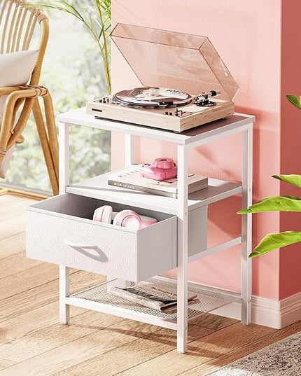 Night Stand with Fabric Drawer, Side Table with Mesh Shelf, Bedroom Nightstand, Fabric Drawer Dresser, Open Shelf, Metal Frame, Couch Side, White - LeafyLoom