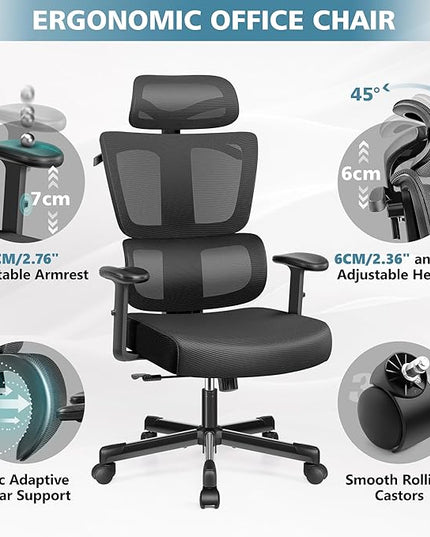 Primy Office Chair Ergonomic Desk Chair, High Back Computer Gaming Chair, Comfy Big and Tall Home Office Chair with Lumbar Support, Breathable Mesh Reclining Chair Adjustable Armrests Headrest(Black) - LeafyLoom