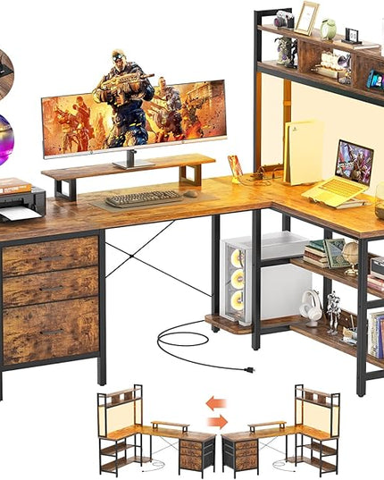 Aheaplus L Shaped Desk with Hutch, Gaming Desk with Led Lights, Reversible Computer Desk with Power Outlet, Corner Desk with File Drawer & Monitor Stand, Storage Shelves for Home, F1, Rustic Brown - LeafyLoom