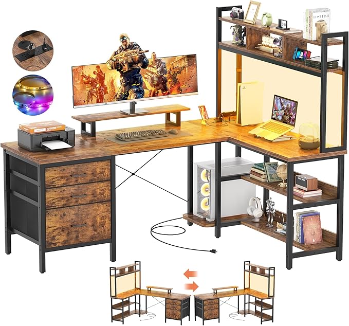 Aheaplus L Shaped Desk with Hutch, Gaming Desk with Led Lights, Reversible Computer Desk with Power Outlet, Corner Desk with File Drawer & Monitor Stand, Storage Shelves for Home, F1, Rustic Brown - LeafyLoom
