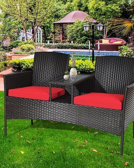 LUARANE Outdoor Rattan Sofas, Contract Patio Conversation Set Wicker Sofa Set with Built-in Coffee Table, Patio Furniture Set with Cushions, Rattan Loveseat for Lawn Backyard Garden (Brown+Red) - LeafyLoom