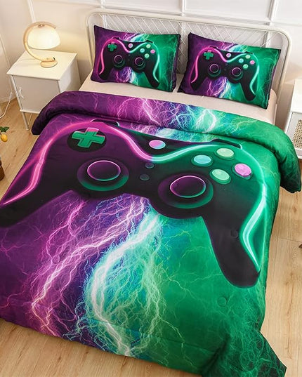 Meeting Story Gamer Comforter Sets for Boys Queen Size Tie Dye Lightnings Gamepad Bedding Set Games Console Action Buttons Novelty Colorful Modern Room Decor Home Quilt Set (Queen, Green-Purple) - LeafyLoom