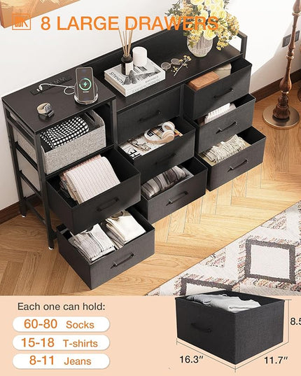 ODK Dresser with Charging Station, 52-Inch Long Dresser TV Stand for Bedroom, Large Dresser with 8 Storage Drawers, Chest of Drawers Easy-Pull Fabric Dressers for Living Room, Black - LeafyLoom