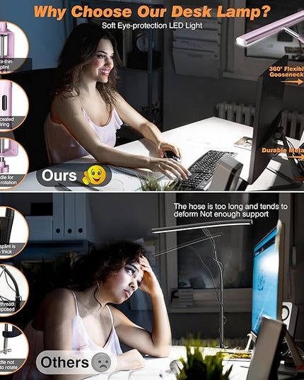 LED Desk Lamp for Office Home, Eye-Caring Desk Light with Stepless Dimming Adjustable Flexible Gooseneck, 10W USB Adapter Desk Lamp with Clamp for Reading, Study, Workbench (Pink) - LeafyLoom