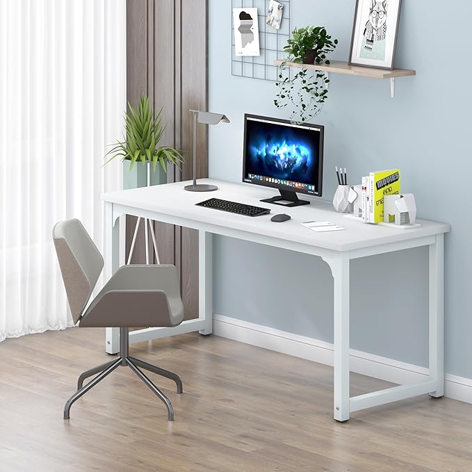 NSdirect Large Office Desk for Home Office, Large 63" Computer Desk Table, Wide Writing Study Desk for 2 Person, Metal Sturdy Frame Thicker Steel Legs, (White, 62.6" L x 22.8" W x 28.7" H) - LeafyLoom