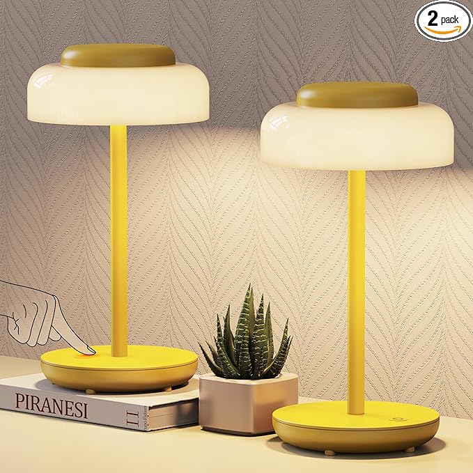 QiMH Battery Operated LED Table Lamp, 2 Pack 5000mAh Cordless Desk Lamp with 3 Level Brightness Touch Control, Mini Rechargeable Night Light for Living Room, Bedroom, Outdoor bar (Yellow) - LeafyLoom
