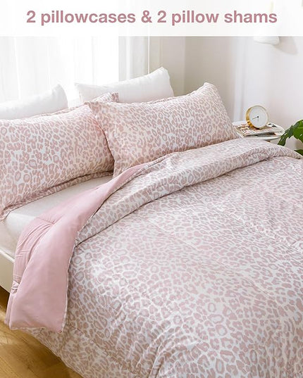 Printed King Bedding Sets with Comforter and Sheets, 7 Piece Bed in A Bag Comforter Set with Fluffy Microfiber, Stylish Pink Leopard Pattern - LeafyLoom