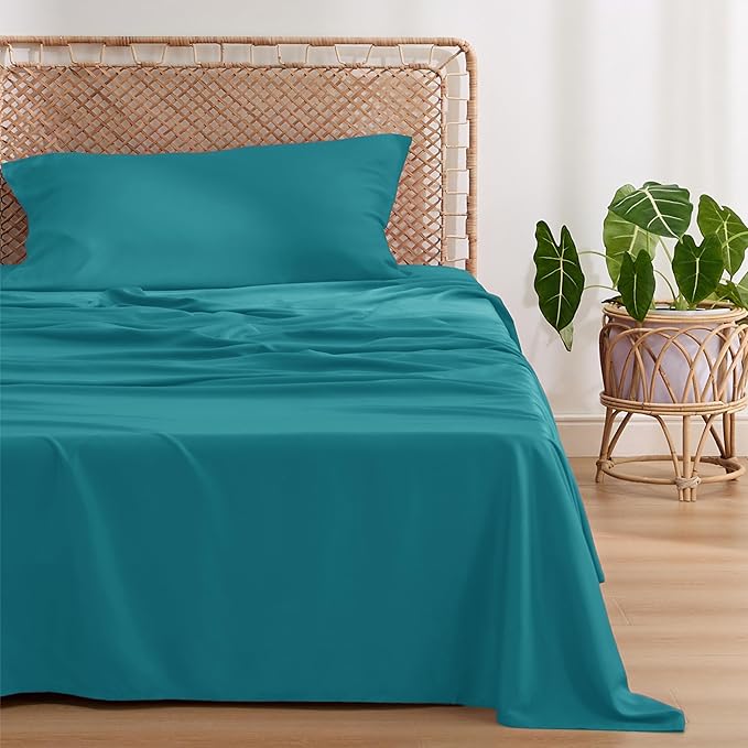 Bedsure Twin XL Sheet Set Dorm Bedding, Cooling Sheets Twin Extra Long Sheets, Rayon Derived from Bamboo, Deep Pocket Up to 16", Hotel Luxury Silky Bedding Sheets & Pillowcases, Turquoise - LeafyLoom