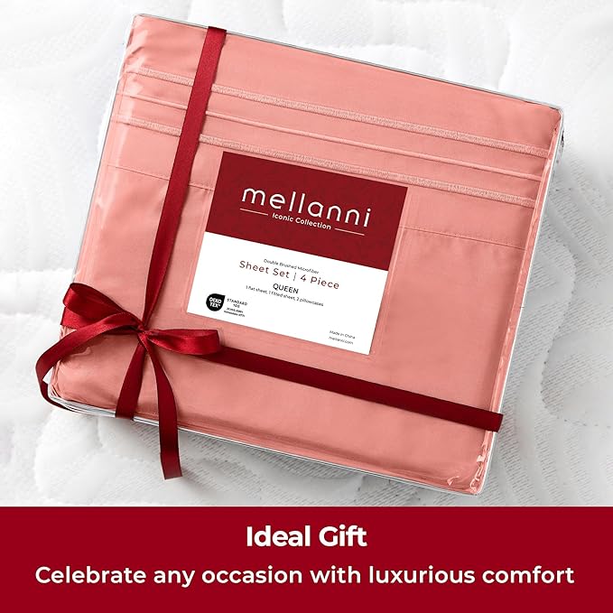 Mellanni Extra Deep Twin Sheets - 3 PC Iconic Collection Bedding Sheets & Pillowcases - Hotel Luxury, Ultra Soft, Cooling Bed Sheets - Extra Deep Pocket up to 21 inch (Twin, Coral) - LeafyLoom