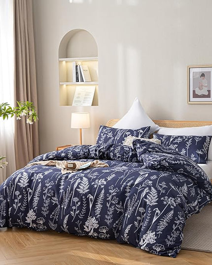 JANZAA King Size Comforter Set Navy Blue Comforter Set Floral Bedding Set Microfiber Comforter Set with 2 Pillow Cases for All Season Cozy and Comfortable 3 Pieces - LeafyLoom