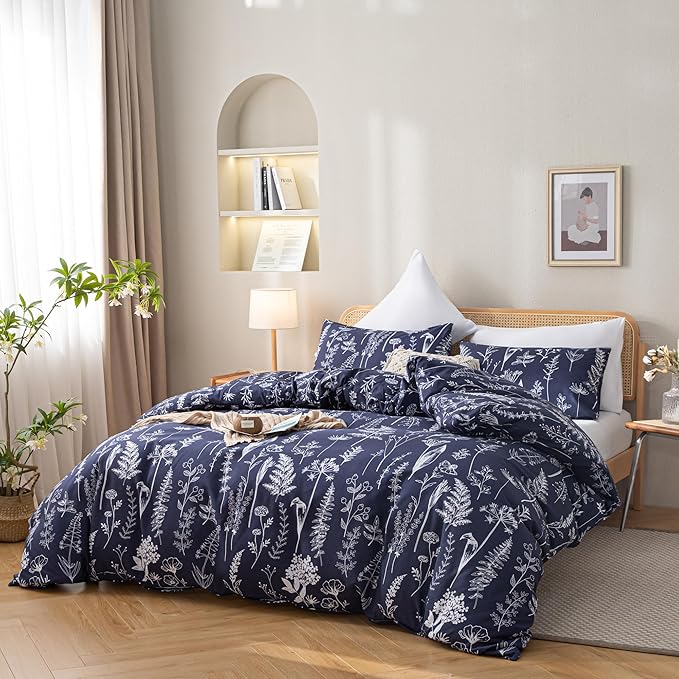 JANZAA King Size Comforter Set Navy Blue Comforter Set Floral Bedding Set Microfiber Comforter Set with 2 Pillow Cases for All Season Cozy and Comfortable 3 Pieces - LeafyLoom