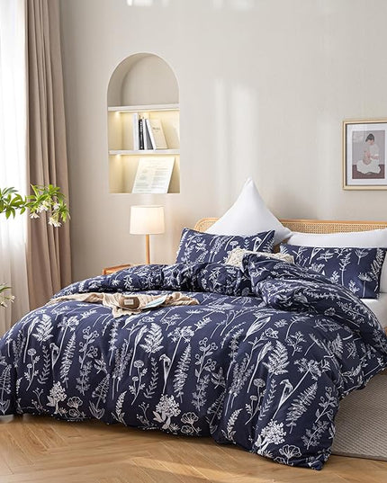 JANZAA Twin Comforter Set Navy Blue Comforter Set Floral Bedding Set Microfiber Comforter Set with Pillow Case for All Season Cozy and Comfortable 2 PCS(1 Comforter&1 Pillowcase) - LeafyLoom