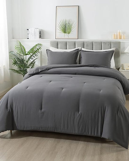 Dark Gray Comforter Set Twin, Solid Grey Down Alternative Bedding Comforter Set, Breathable Fluffy Microfiber Comforter Twin Size (68"x90") for All Seasons with Pillowcase… - LeafyLoom