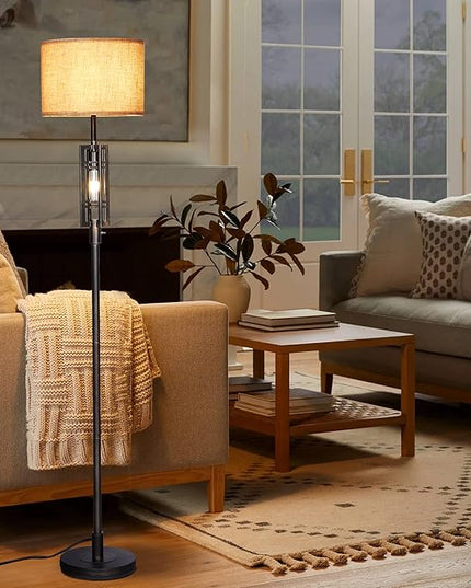SURAIELEC Farmhouse Floor Lamp with LED Nightlight Bulb, Rustic Tall Lamps for Cabin, Traditional Standing Lamps for Bedroom, Beige Linen Drum Shade, Oil Rubbed Bronze Finish, Foot Switch - LeafyLoom