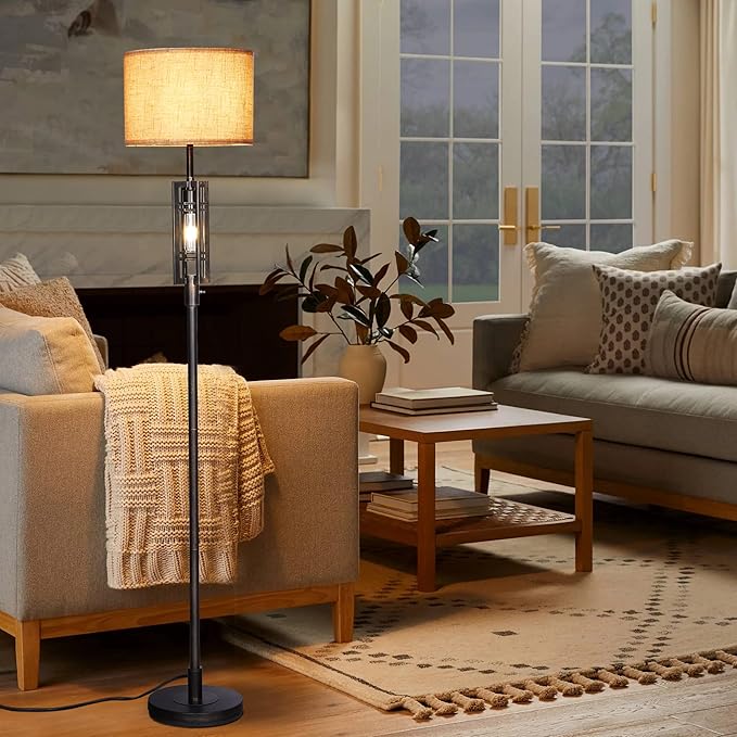 SURAIELEC Farmhouse Floor Lamp with LED Nightlight Bulb, Rustic Tall Lamps for Cabin, Traditional Standing Lamps for Bedroom, Beige Linen Drum Shade, Oil Rubbed Bronze Finish, Foot Switch - LeafyLoom