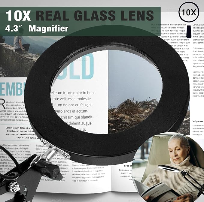 Magnifying Glass with Light and Stand, 10X Magnifying Lamp, 2-in-1 Magnifying Desk Lamp with Clamp, 3 Color Mode, Magnifying Glasses with Light for Close Work (Base(No Clamp)) - LeafyLoom