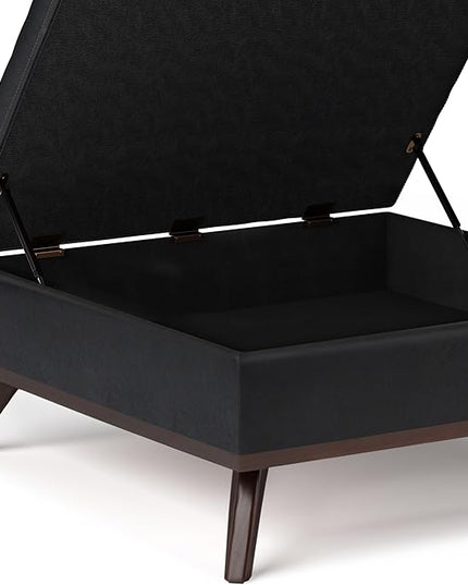 SIMPLIHOME Owen 36 Inch Wide Mid Century Modern Square Coffee Table Lift Top Storage Ottoman in Upholstered Midnight Black Faux Leather, For the Living Room - LeafyLoom