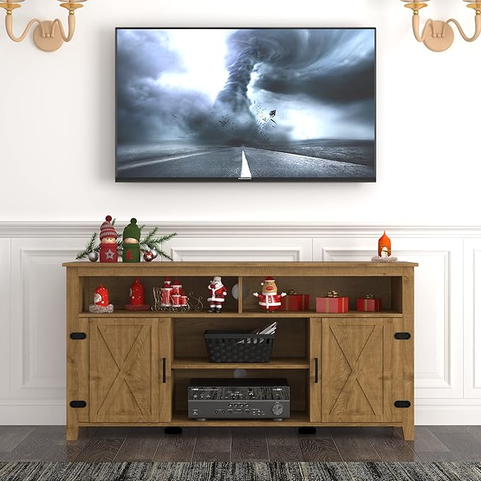 YITAHOME Highboy Farmhouse Barn Door TV Stand for 65 Inch TV, Modern Entertainment Center for 300 lbs, Rustic TV Media Console Storage TV Cabinet for Living Room, Barnwood, 59.5” - LeafyLoom