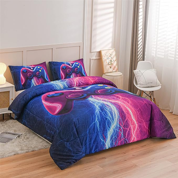 Meeting Story Gamer Gaming Bedding Sets Red Blue Lightnings Gamepad Comforter Set for Boys Games Console Action Buttons Novelty Colorful Modern Room Decor Home Quilt Set (Blue-Purple, Queen) - LeafyLoom