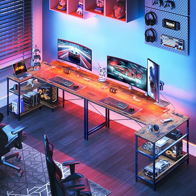 ODK 58 Inch Gaming Desk with USB Charging Ports and LED Lights, Reversible L Shaped Computer Desk with Storage Shelves & Monitor Stand, Corner Home Office Desk Table with Power Outlets, Vintage - LeafyLoom