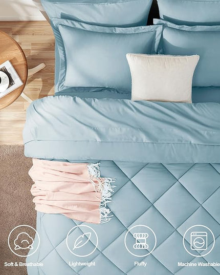 CozyLux Queen Bed in a Bag 7-Pieces Comforter Sets with Comforter and Sheets Light Blue All Season Bedding Sets with Comforter, Pillow Shams, Flat Sheet, Fitted Sheet and Pillowcases - LeafyLoom